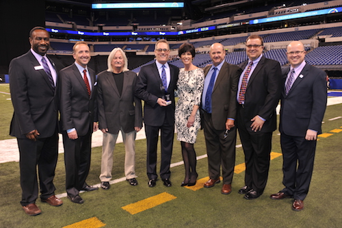 Pictured left to right: Eric Martin, President and CEO of Music for All; Dr. Tim J. Allshouse, Blue Springs HS Director of Bands; Charlie Broach, 2010 Parent/Booster Award Winner; Tom Meyer, 2014 Parent/Booster Award Recipient; Susan Meyer; Dick Zentner, 2013 Parent/Booster Award Winner; PJ Littleton, 2012 Parent/Booster Award Winner; James Stephens, Director of Advocacy and Educational Resources at Music for All