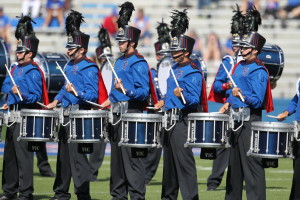 Several of the snare drummers with the University of Kansas Marching Jayhawks’ drumline